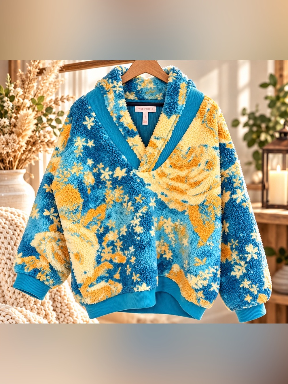 Free People - Rare Blue & Yellow Sherpa Shawl Pullover